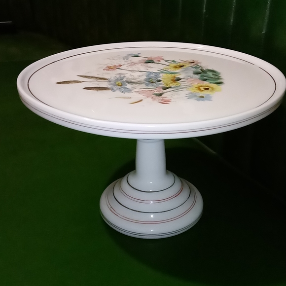 Vintage Hand Painted Milk Glass Pedestal Cake Stand Plate Floral - Picture 2 of 10